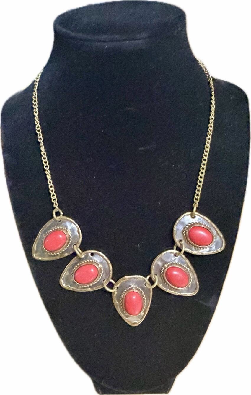 17” - 19” Necklace with Hammered Silver Discs With Coral Stones, Gold Trim